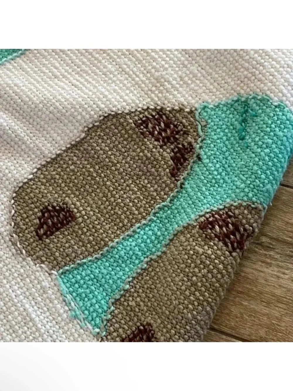 Vintage Crochet Knit Baby Teddy Bear Teal White Throw Nursery Crib Blanket